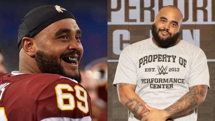 Split photo of AJ Francis during his time with Washington's NFL team and the WWE